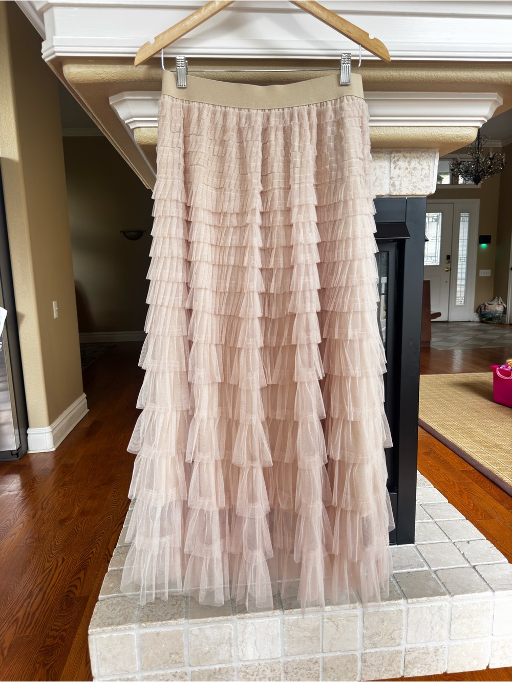 Romantic Western Beige Tan Tiered Tulle Ruffle Maxi Skirt L